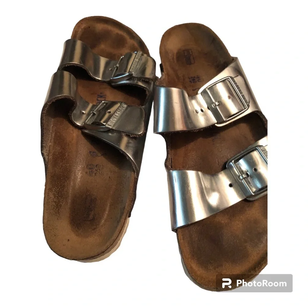 Birkenstock Arizona Softbed Metallic Silver Narrow (Women's)